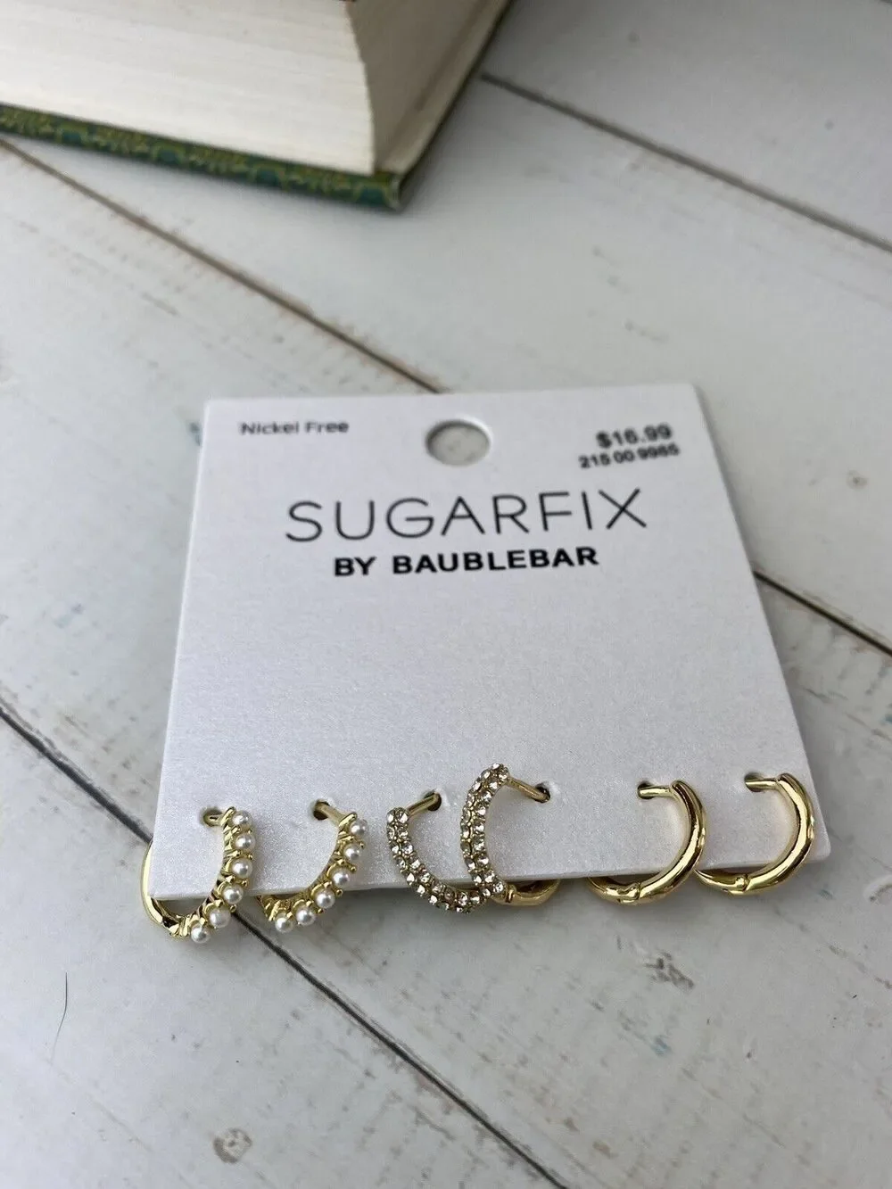 New Sugarfix by Baublebar Crystal ,Gold & Pearl Hoop Earrings Set 3 pc